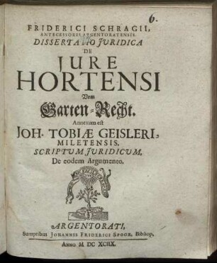 Friderici Schragii, Antecessoris Argentoratensis. Dissertatio Iuridica De Iure Hortensi