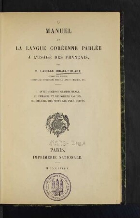 Manuel de la langue coréenne parlée à l'usage des Français