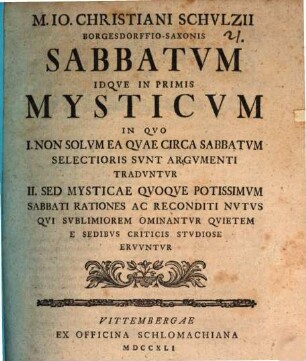 Sabbatum idque inprimis mysticum