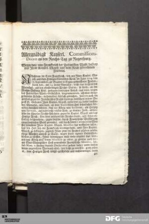 Allergnädigst Kayserl. Commissions-Decret an den Reichs-Tag zu Regenspurg.