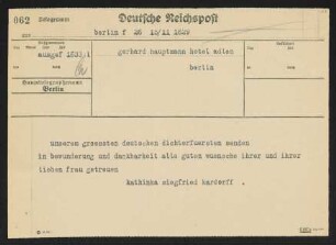 Brief von Katharina von Kardorff und Siegfried von Kardorff an Gerhart Hauptmann