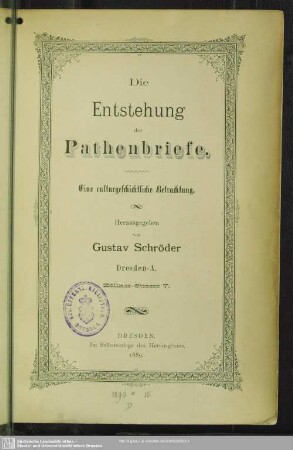 Die Entstehung der Pathenbriefe : eine culturgeschichtliche Betrachtung