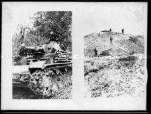 Soldaten auf einem Panzer (links); Soldaten an einer Bunkeranlage (rechts), 2. Weltkrieg