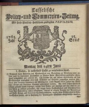 25. Stueck, Montag den 24ten Junii 1765