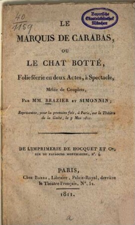 Le Marquis de Carabas, ou le chat botté : folie féerie en deux actes, à spectacle, mêlée de couplets