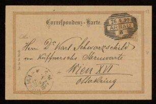 Nr. 13 Postkarte von Samuel Oppenheim an Karl Schwarzschild. Arnau, 26.4.1899