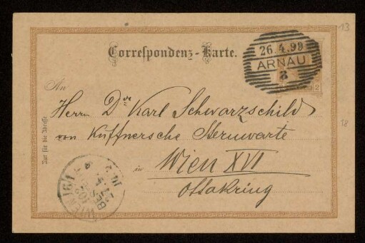 Nr. 13 Postkarte von Samuel Oppenheim an Karl Schwarzschild. Arnau, 26.4.1899
