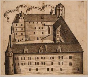 Die gotische Burg, Vorgängerbau des heutigen Residenzschlosses in Dresden, Nahsicht aus halber Vogelperspektive von der Schlossstraße aus, Blatt aus der Weckschen Chronik von 1679/1680
