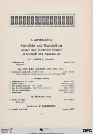 I. Abteilung. Gemälde und Kunstblätter älterer und moderner Meister (Nr. 1-295)