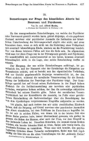 417-422, Bemerkungen zur Frage des künstlichen Aborts bei Neurosen und Psychosen