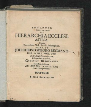 Dissertatio De Hierarchia Ecclesiastica