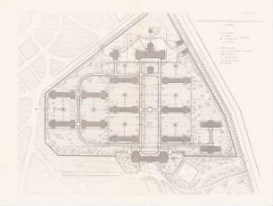 Städtisches Allgemeines Krankenhaus, Berlin-Friedrichshain: Grundriss (aus: Atlas zur Zeitschrift für Bauwesen, hrsg. v. G. Erbkam, Jg. 25, 1875)