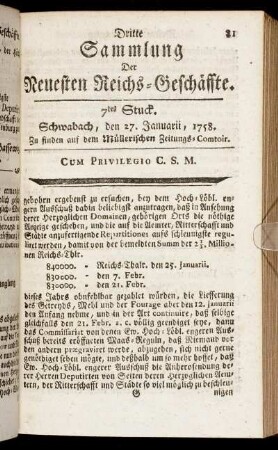 7tes Stuck. Schwabach, den 27. Januarii, 1758.