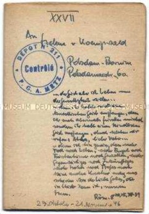 Tagebuch (Band 27) von Harald von Koenigswald über den Alltag im Kriegsgefangenenlager Metz-Obreck und den Besuch eines Gräberfeldes für deutsche Soldaten - Familienkonvolut