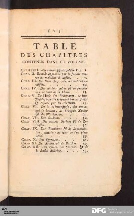 Table des Chapitres.