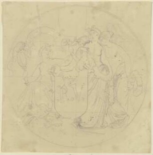 Drei allegorische Frauengestalten umgeben einen Wappenschild mit den Initialen des Künstlerkollegen Philipp Veit