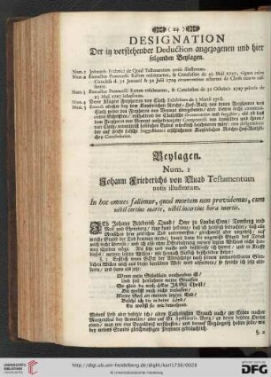Designation der in vorstehender Deduction angezogenen und hier folgenden Beylagen