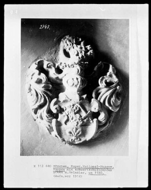 Wappen mit schwertschwingendem Löwen und Helmzier