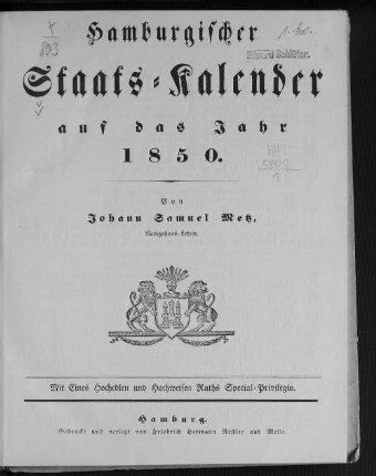 1850: Hamburgischer Staats-Kalender : auf das Jahr