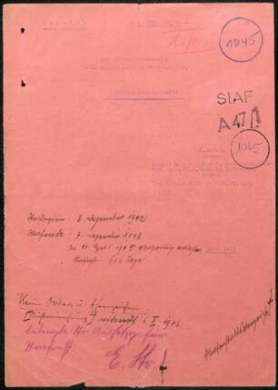 Angeklagter: Rotzler, August (Postfacharbeiter); Brombach *22.06.1899 in Brombach; + ? Delikt: Verbrechen gegen die Volksschädlingsverordnung Unterschlagung von Feldpostpäckchen Tatort: Haagen Tatzeit: Oktober 1942