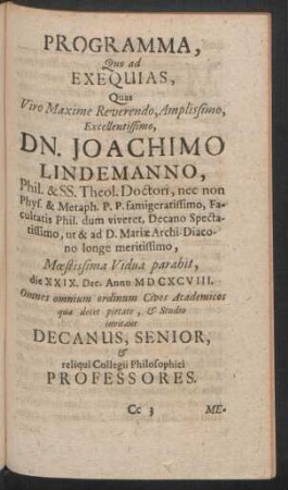 Programma, Quo ad Exequias, Quas Viro Maxime Reverendo, Amplissimo, Excellentissimo, DN. Joachimo Lindemanno, ...