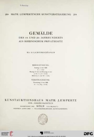 Nr. 284: Math. Lempertz'sche Kunstversteigerung: Gemälde des 19. und 20. Jahrhunderts aus rheinischem Privatbesitz : Versteigerung: 6. Juni 1929