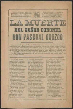 La muerte del Señor Coronel Don Pascual Orozco