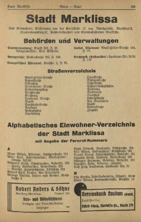 Stadt Marklissa/Behörden und Verwaltungen/Straßenverzeichnis/Alphabetisches Einwohner-Verzeichnis der Stadt Marklissa
