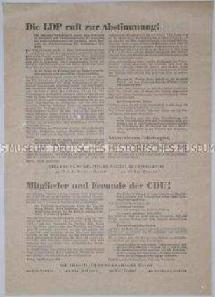 Propagandaflugblatt mit den Aufrufen von LDPD, CDU und des Deutschen Volksrates zu den Wahlen zum 3. Deutschen Volkskongress