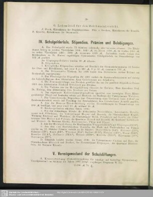 IV. Schulgelderlass, Stipendien, Prämien und Belobigungen