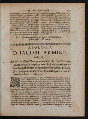 Apologia D. Iacobi Arminii Aduersus Articulos quosdam Theologicos in vulgus sparsos [...]