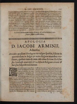 Apologia D. Iacobi Arminii Aduersus Articulos quosdam Theologicos in vulgus sparsos [...]