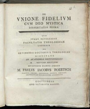 De Unione Fidelium Cum Deo Mystica Dissertatio Prima