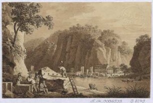 Ansicht von Herrnskretschen in der Böhmischen Schweiz, Radierung, um 1810 : Zingg, Adrian : [Ansicht von Hirniskretschen in der Böhmischen Schweiz] / [gefertigt von Adrian Zingg?]. - [S.l.] , [um 1810]. - 1 Kunstbl. : sepiagetönte Umrißradierung ; 12 x 8 cm. - Mit der Darstellung von Arbeiten im Steinbruch