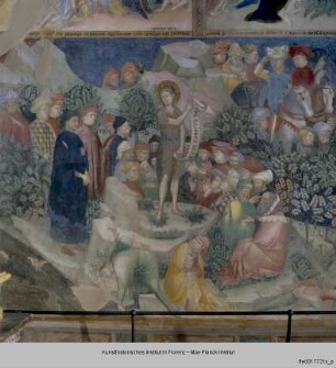 Szenen aus dem Leben Johannes des Täufers, Kreuzigung und Madonna mit verschiedenen Heiligen : Predigt Johannes des Täufers in der Wüste