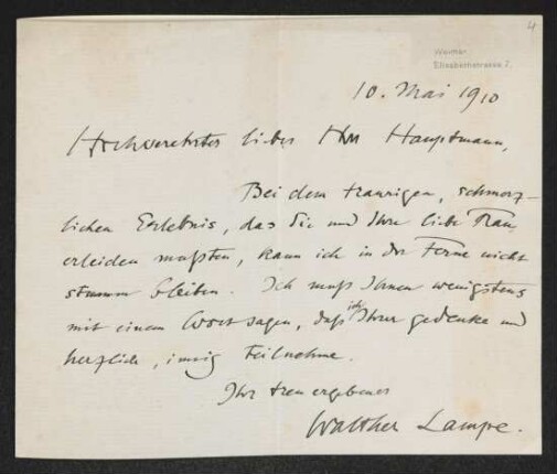Brief von Walther Lampe an Gerhart Hauptmann