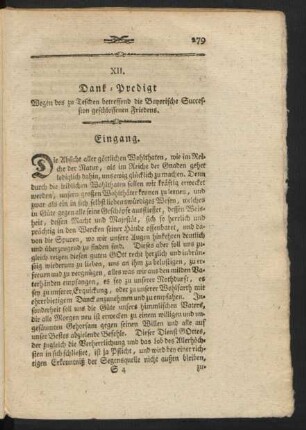 XII. Dank-Predigt Wegen des zu Teschen betreffend die Bayerische Succession geschlossenen Friedens