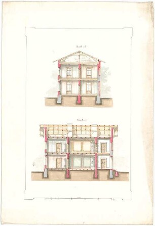 Röhrer, Karl; Unidentifizierte Gebäude - Zweigeschossiges Wohnhaus (Längs- und Querschnitt)