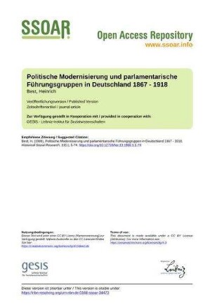 Politische Modernisierung und parlamentarische Führungsgruppen in Deutschland 1867 - 1918