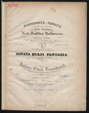 Sonata Quasi Fantasia : Op. 5. ; Pianoforte-Sonate gekrönt mit dem zweiten Preise vom Preis-Institut des Nord-Deutschen Musikvereins ...