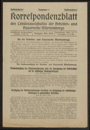 Korrespondenzblatt des Landesausschusses der Arbeiter- und Bauernräte Württembergs