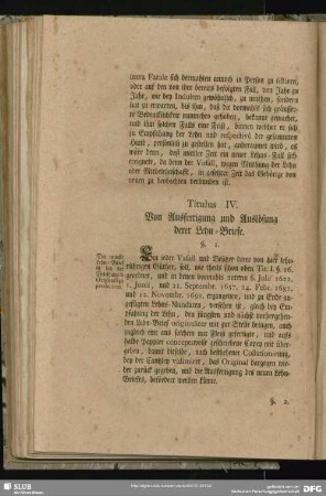 Titulus IV. Von Ausfertigung und Auslösung derer Lehn-Briefe
