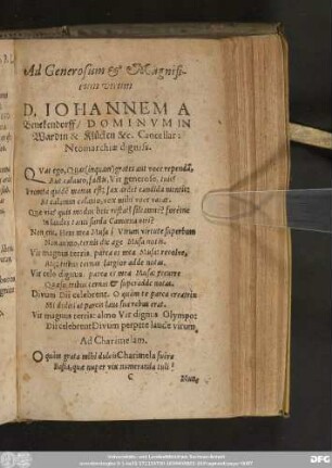 Ad Generosum & Magnificum virum D. Iohannem A Benekendorff/ Dominum In Wardin & Klücken & c. Cancellar: Neomarchiae digniss.