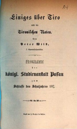 Programm der K. Studienanstalt Passau : für das Studienjahr ..., 1869/70