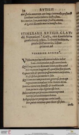 Itinerarii Rutili Claudij Numantiani Galli viri Consularis praefectorij urbis Tribuni militum praefecti Praetorio Liber primus
