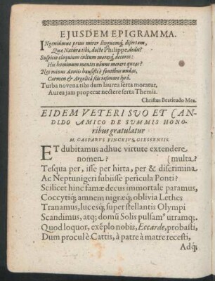 Eidem Veteri Suo Et Candido Amico De Summis Honoribus gratulatur M. Casparus Finckius Giessensis.