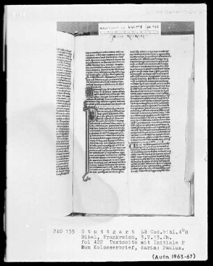 Lateinische Taschenbibel — Initiale P (aulus), darin der Apostel Paulus, Folio 422recto