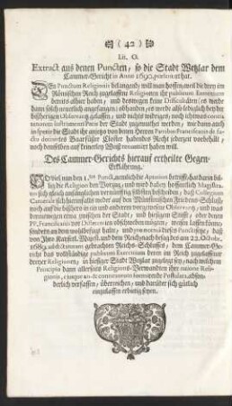 Lit. O. Extract aus denen Puncten, so die Stadt Wetzlar dem Cammer-Gericht in Anno 1690. praesentirt hat.