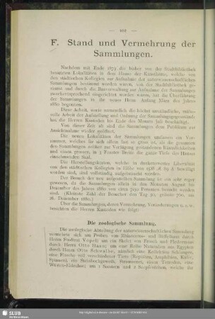 F. Stand und Vermehrung der Sammlungen
