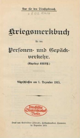 Kriegsmerkbuch für den Personen- und Gepäckverkehr : (abgekürzt KMBP)